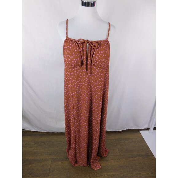 No Boundaries Dress Womens XL Rust Pink Floral Maxi Spaghetti Strap Tie Front - Picture 1 of 11